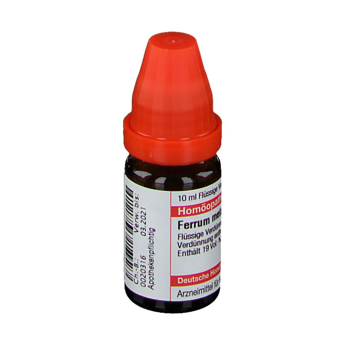 Braune Glasflasche mit rotem Verschluss. Beschriftung: DHU Ferrum metallicum LM XVIII, homöopathisches Arzneimittel, 10 ml.