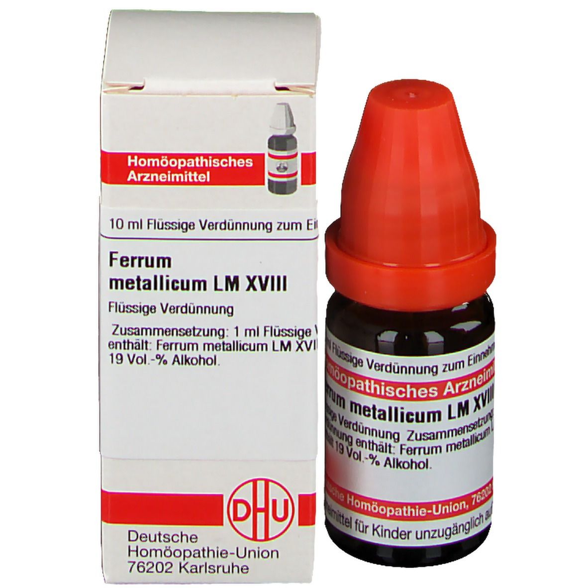 Produktverpackung mit Flasche. Beschriftung: DHU Ferrum metallicum LM XVIII, homöopathisches Arzneimittel, 10 ml.