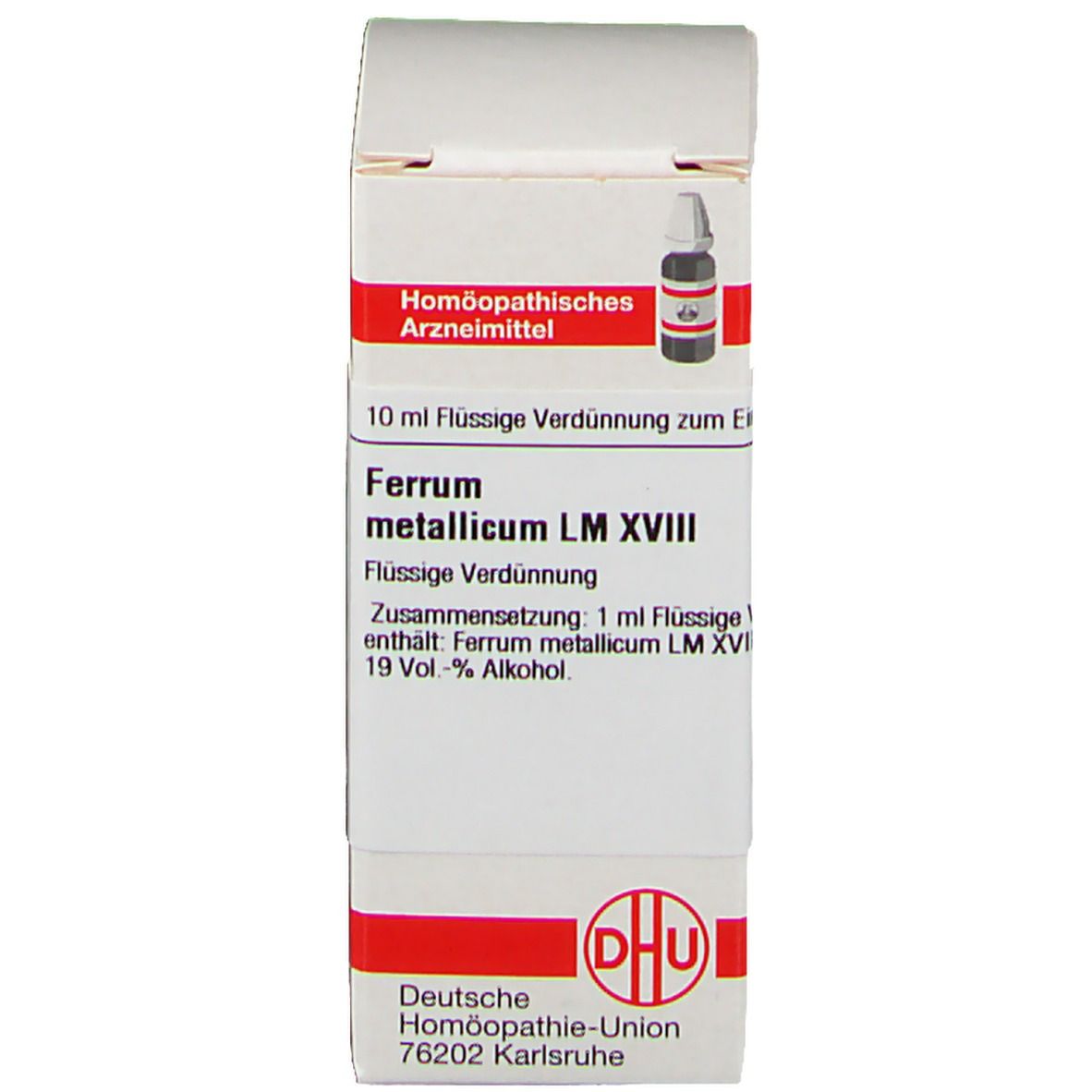 Produktverpackung mit Flasche. Beschriftung: DHU Ferrum metallicum LM XVIII, homöopathisches Arzneimittel, 10 ml.