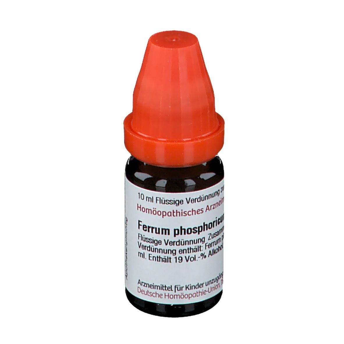 Braune Glasflasche mit rotem Verschluss. Beschriftung: 10 ml flüssige Verdünnung, Ferrum phosphoricum.