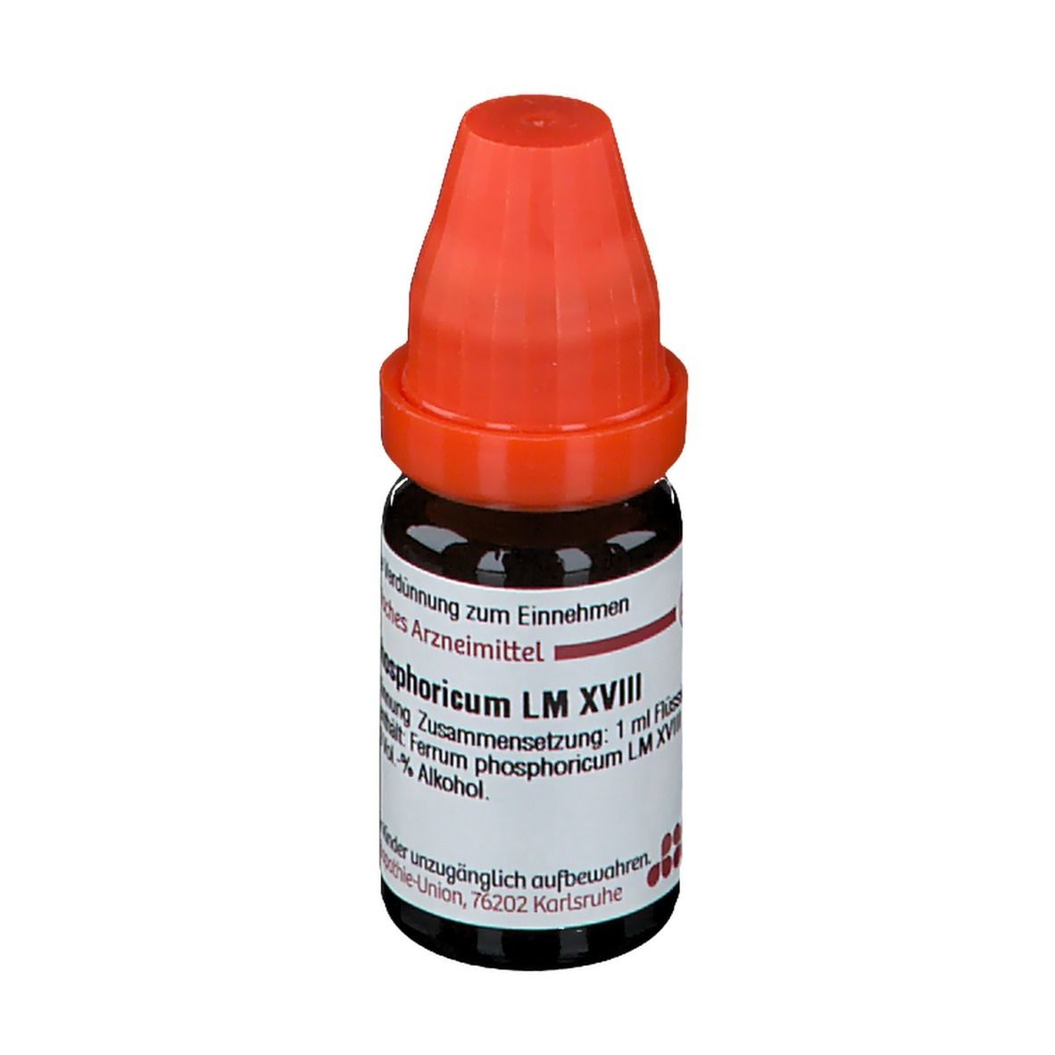 Braune Glasflasche mit rotem Verschluss. Beschriftung: Ferrum phosphoricum LM XVIII, 1 ml Flüss.