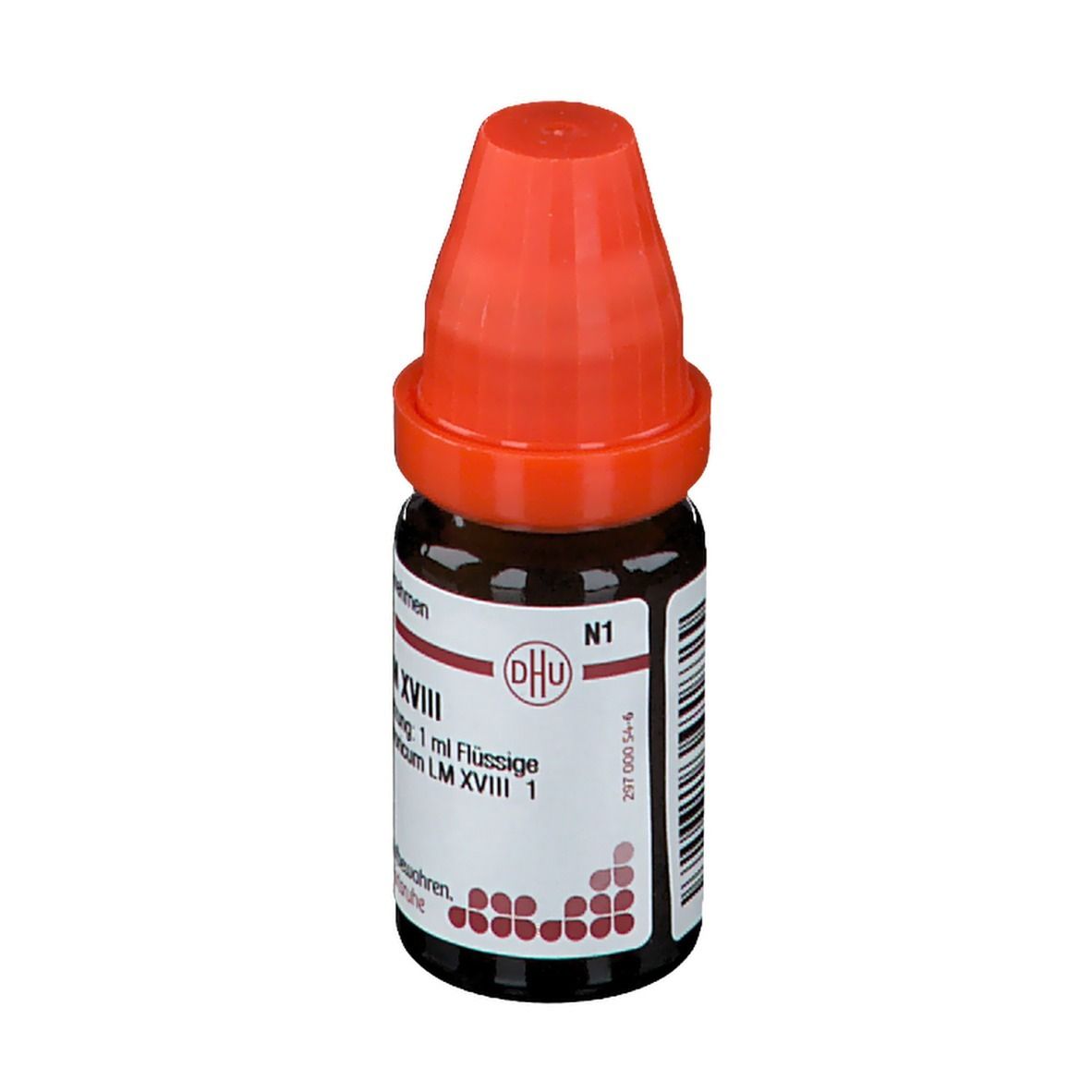 Braune Glasflasche mit rotem Verschluss. Beschriftung: DHU, Ferrum phosphoricum LM XVIII, 1 ml Flüssig.