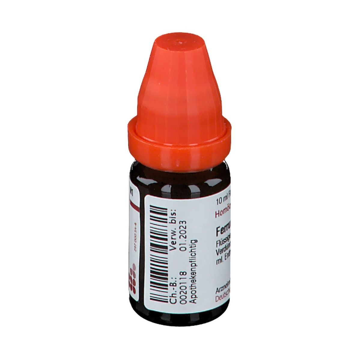 Braune Glasflasche mit rotem Verschluss. Beschriftung: Apothekenpflichtig, Verwendbar bis 01.2023.