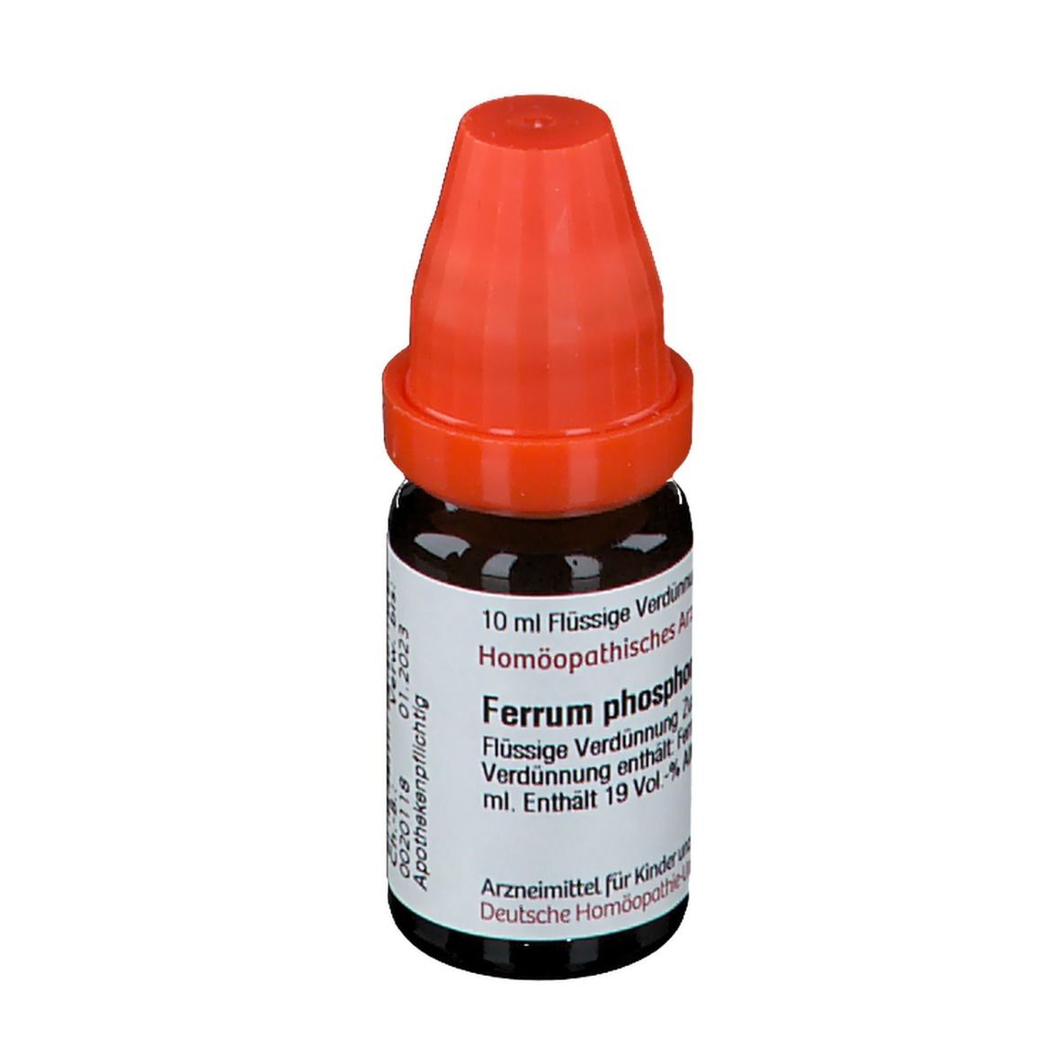 Braune Glasflasche mit rotem Verschluss. Beschriftung: 10 ml flüssige Verdünnung, Ferrum phosphoricum.