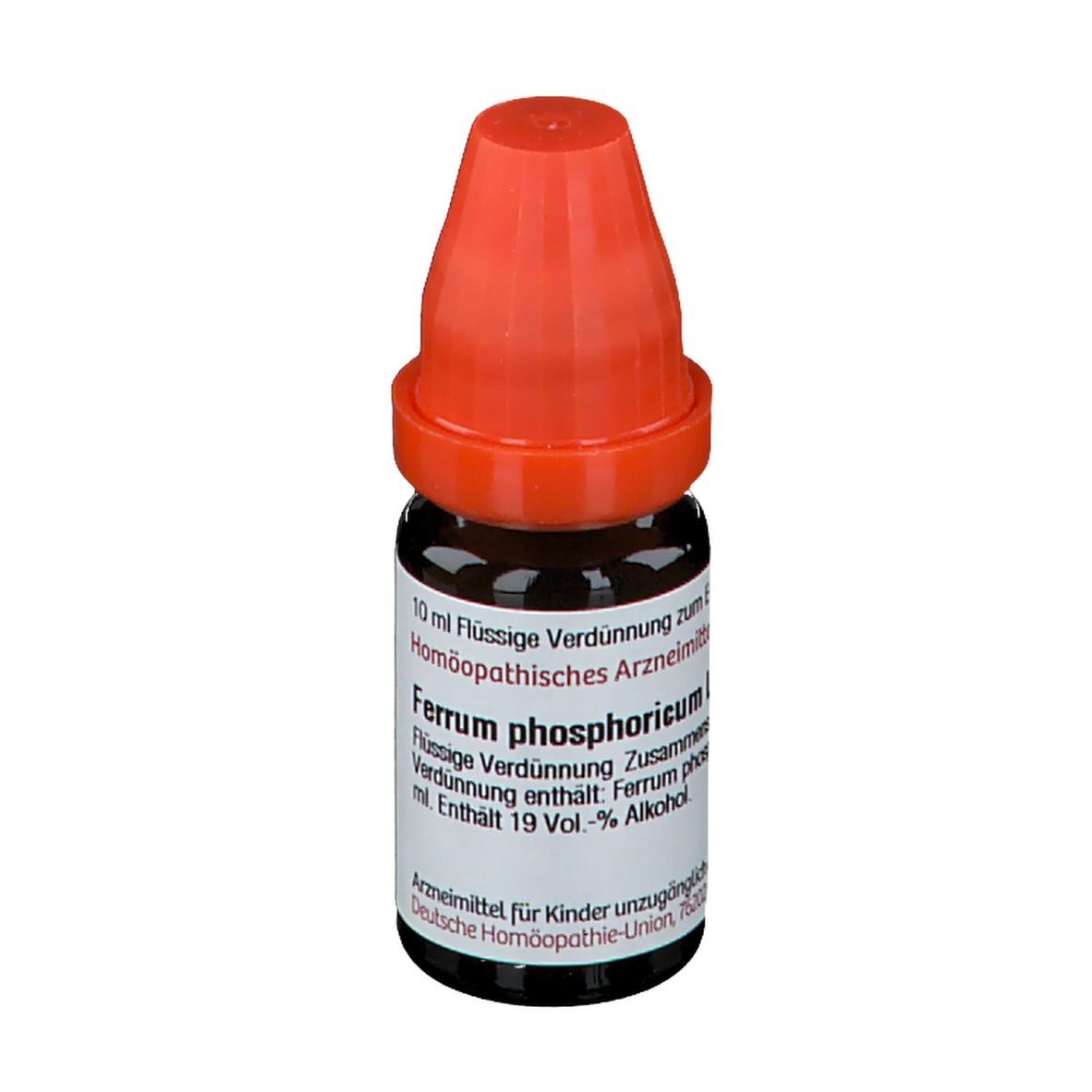 Braune Glasflasche mit rotem Verschluss. Beschriftung: 10 ml flüssige Verdünnung, Ferrum phosphoricum.