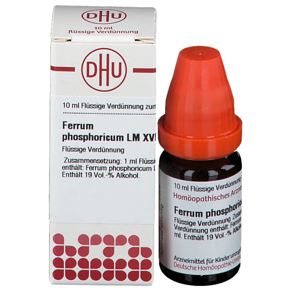Braune Glasflasche mit rotem Verschluss und weißer Schachtel. Beschriftung: DHU, Ferrum phosphoricum.