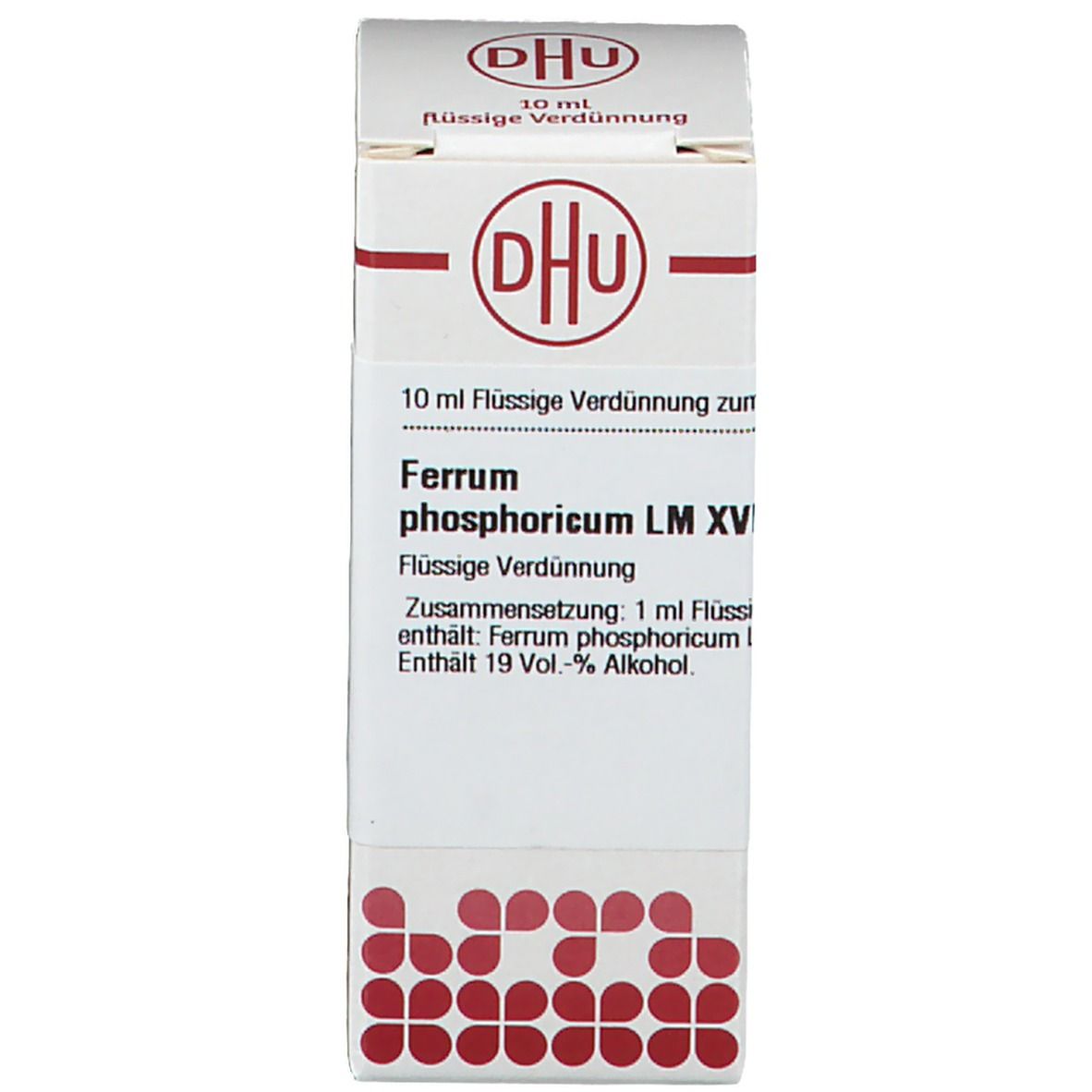 Weiße Schachtel mit rotem Logo und Beschriftung: DHU, Ferrum phosphoricum LM XVIII, 10 ml.