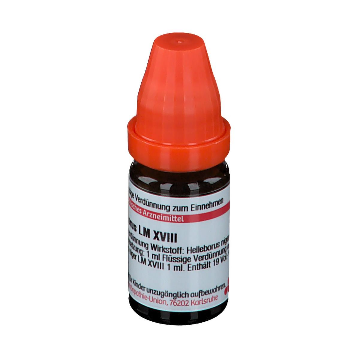 Braune Glasflasche mit rotem Verschluss. Beschriftung: Helleborus LM XVIII, 10 ml Flüssige Verdünnung.
