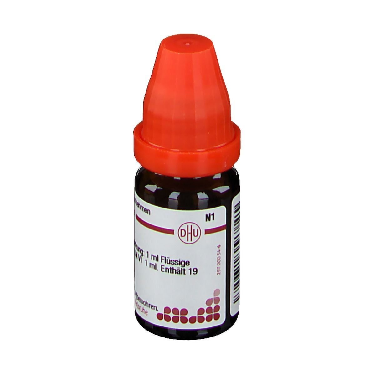 Braune Glasflasche mit rotem Verschluss. Beschriftung: DHU, Hyoscyamus LM VI, 1 ml Flüssige Verdünnung, Homöopathisches Arzneimittel.