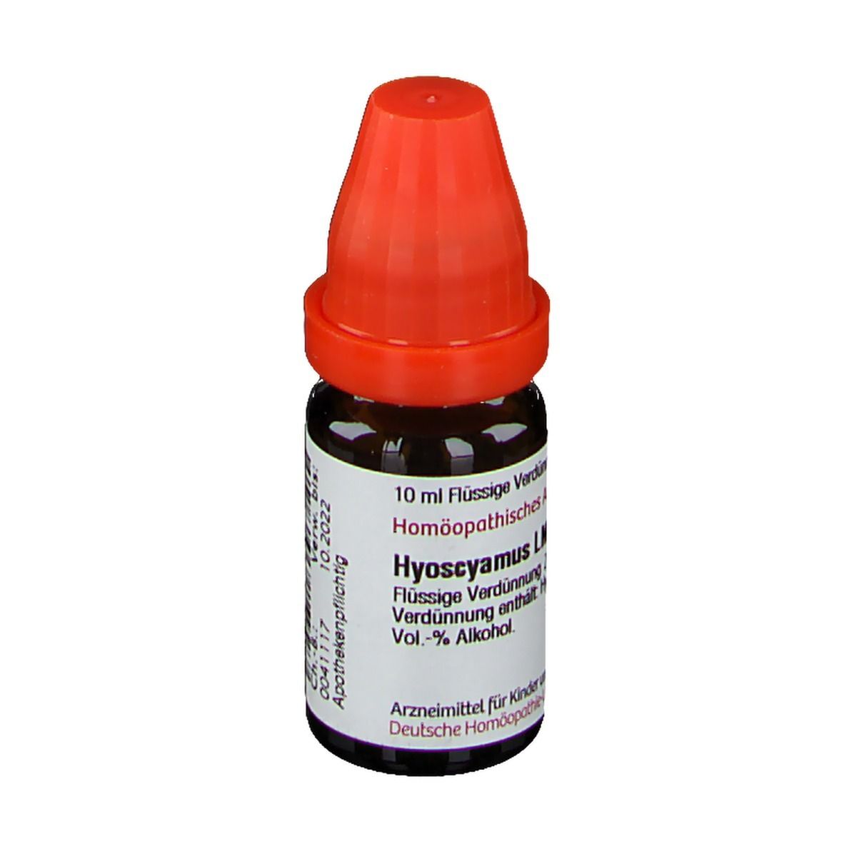 Braune Glasflasche mit rotem Verschluss. Beschriftung: Hyoscyamus LM VI, 10 ml Flüssige Verdünnung, Homöopathisches Arzneimittel. Apothekenpflichtig.