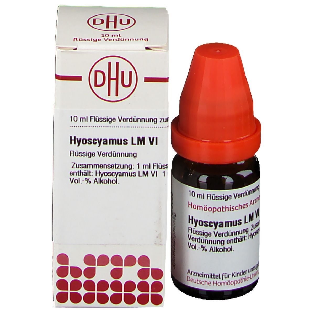 Braune Glasflasche mit rotem Verschluss neben weißer Schachtel. Beschriftung: DHU, Hyoscyamus LM VI, 10 ml Flüssige Verdünnung.