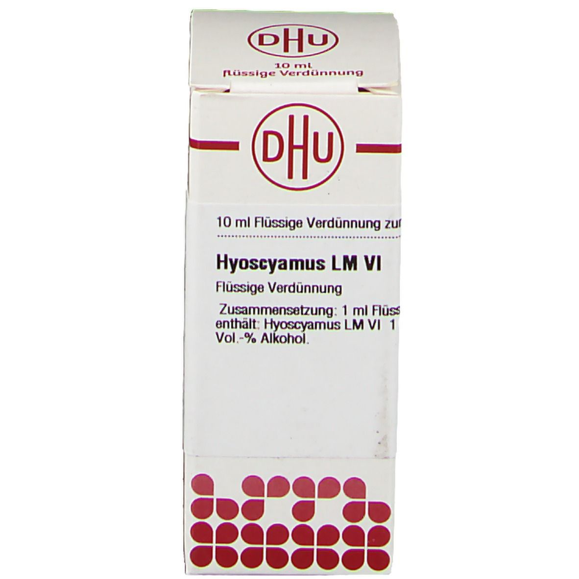 Weiße Schachtel mit rotem DHU-Logo. Beschriftung: Hyoscyamus LM VI, 10 ml Flüssige Verdünnung. Rote Punkte am unteren Rand.