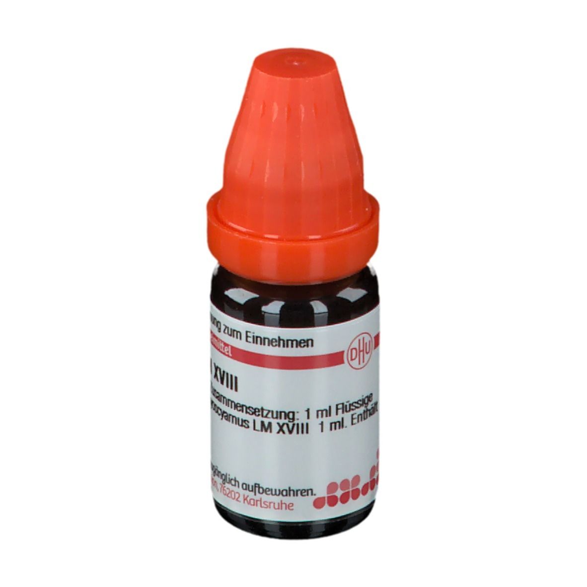 Braune Glasflasche mit orangefarbenem Verschluss. Beschriftung: Hyoscyamus LM XVIII, 1 ml Flüssige Verdünnung. Apothekenpflichtig.