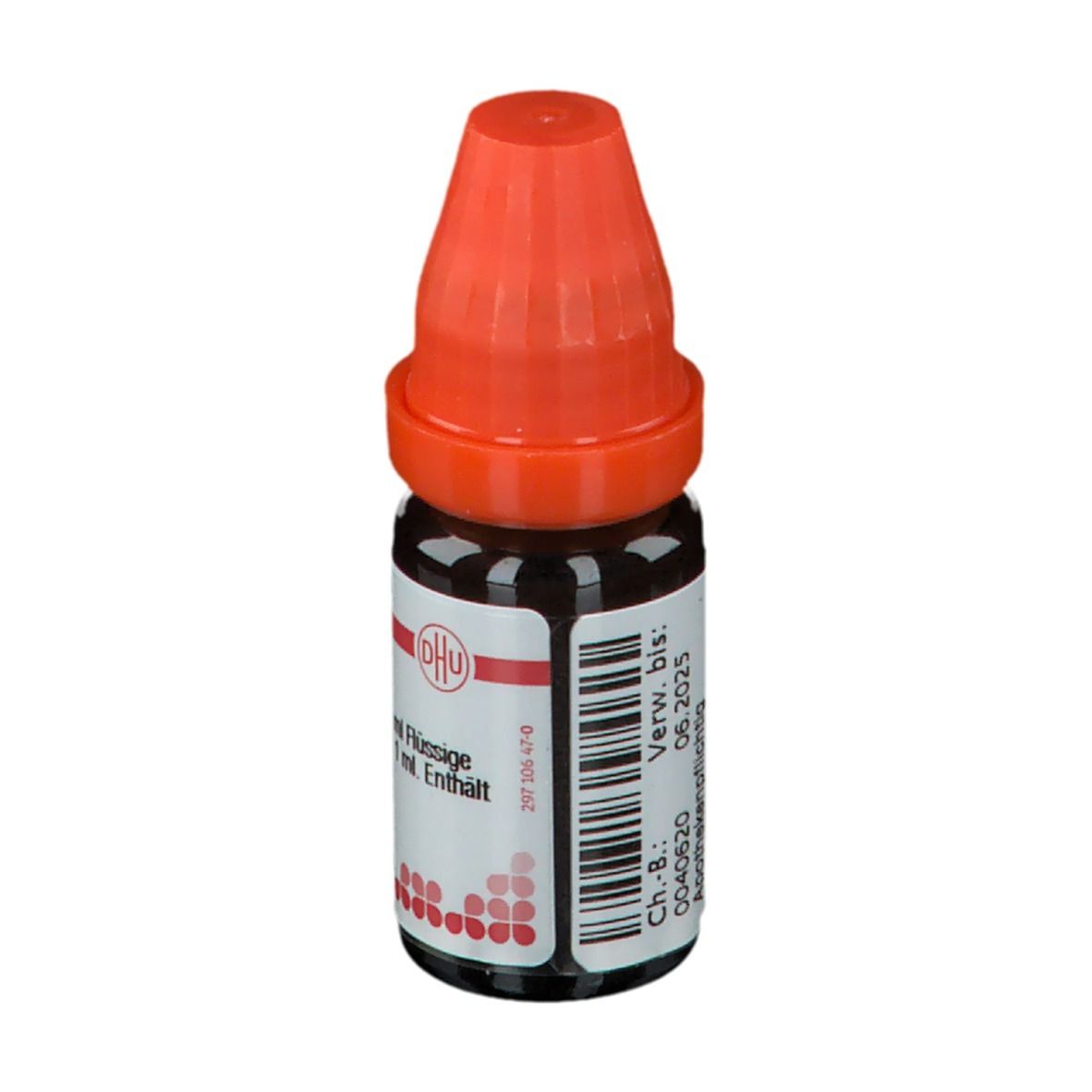 Braune Glasflasche mit orangefarbenem Verschluss. Beschriftung: Hyoscyamus LM XVIII, 1 ml Flüssige Verdünnung. Apothekenpflichtig.