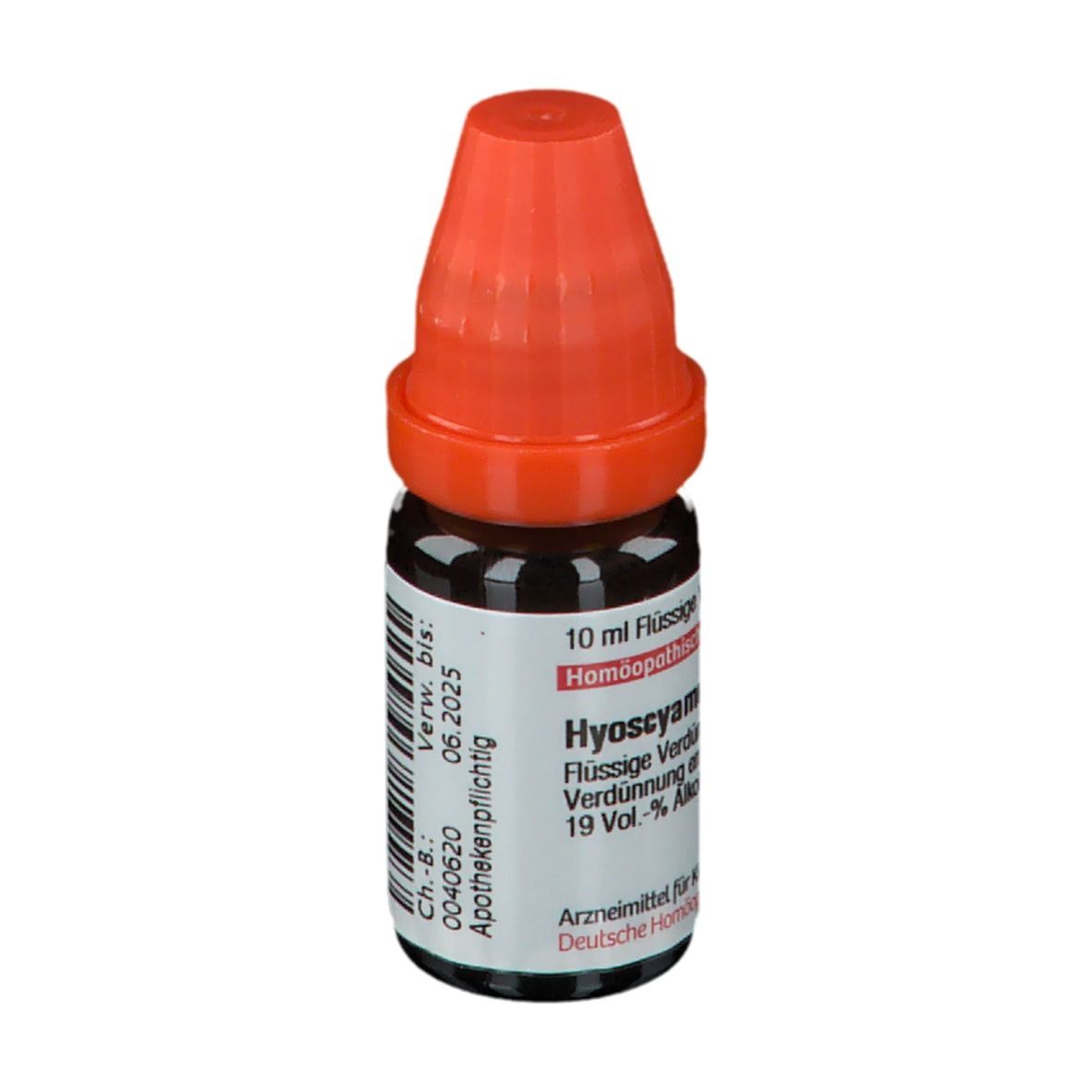 Braune Glasflasche mit orangefarbenem Verschluss. Beschriftung: Hyoscyamus LM XVIII, 10 ml Flüssige Verdünnung. Apothekenpflichtig.