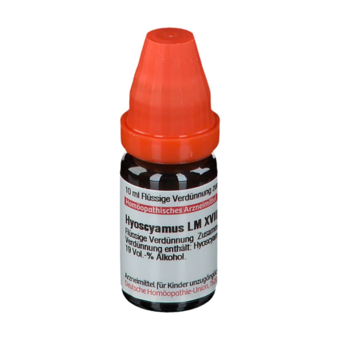 Braune Glasflasche mit orangefarbenem Verschluss. Beschriftung: Hyoscyamus LM XVIII, 10 ml Flüssige Verdünnung. Apothekenpflichtig.