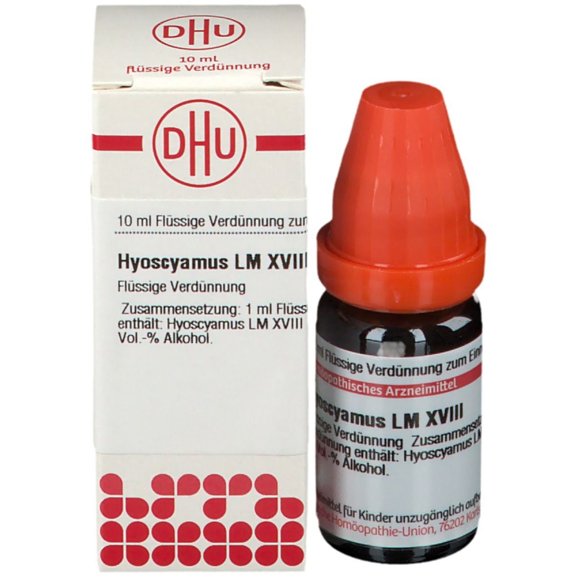 Braune Glasflasche mit orangefarbenem Verschluss und Karton. Beschriftung: Hyoscyamus LM XVIII, 10 ml Flüssige Verdünnung.