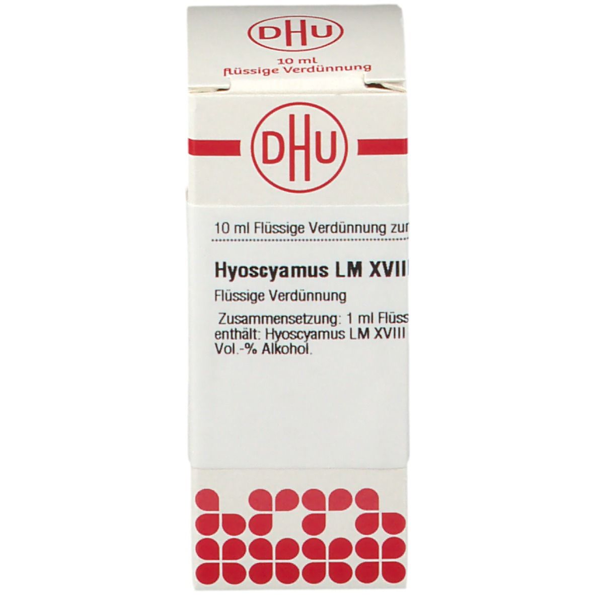 Karton mit Beschriftung: Hyoscyamus LM XVIII, 10 ml Flüssige Verdünnung. Mit DHU Logo.
