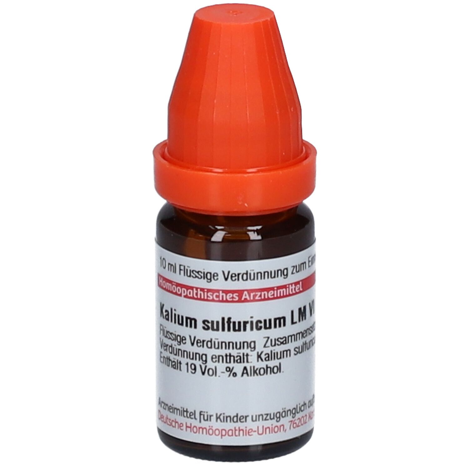 Braune Glasflasche mit orangefarbenem Verschluss. Beschriftung: Kalium sulfuricum LM VI, 10 ml Flüssige Verdünnung.
