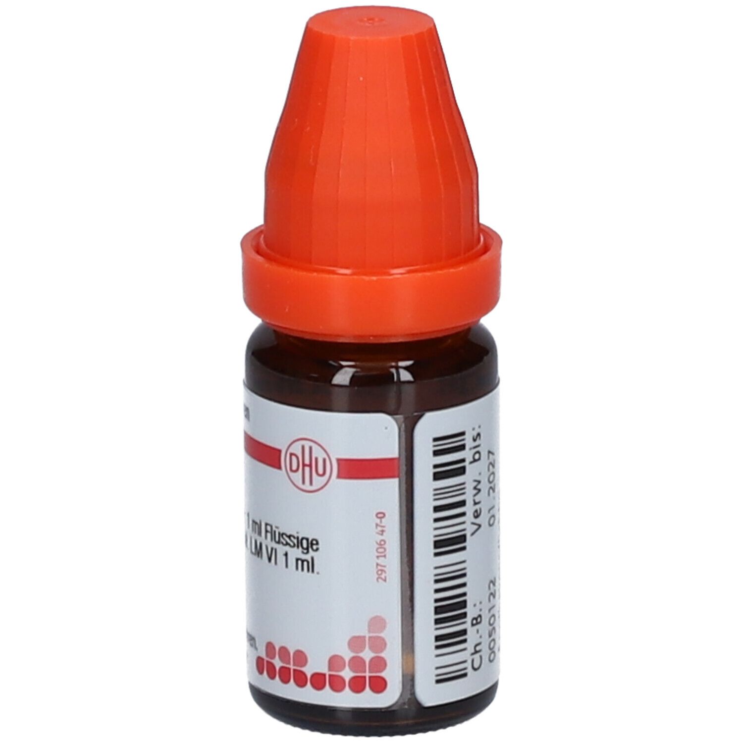 Braune Glasflasche mit orangefarbenem Verschluss. Beschriftung: DHU, LM VI, 1 ml Flüssige Verdünnung. Barcode.