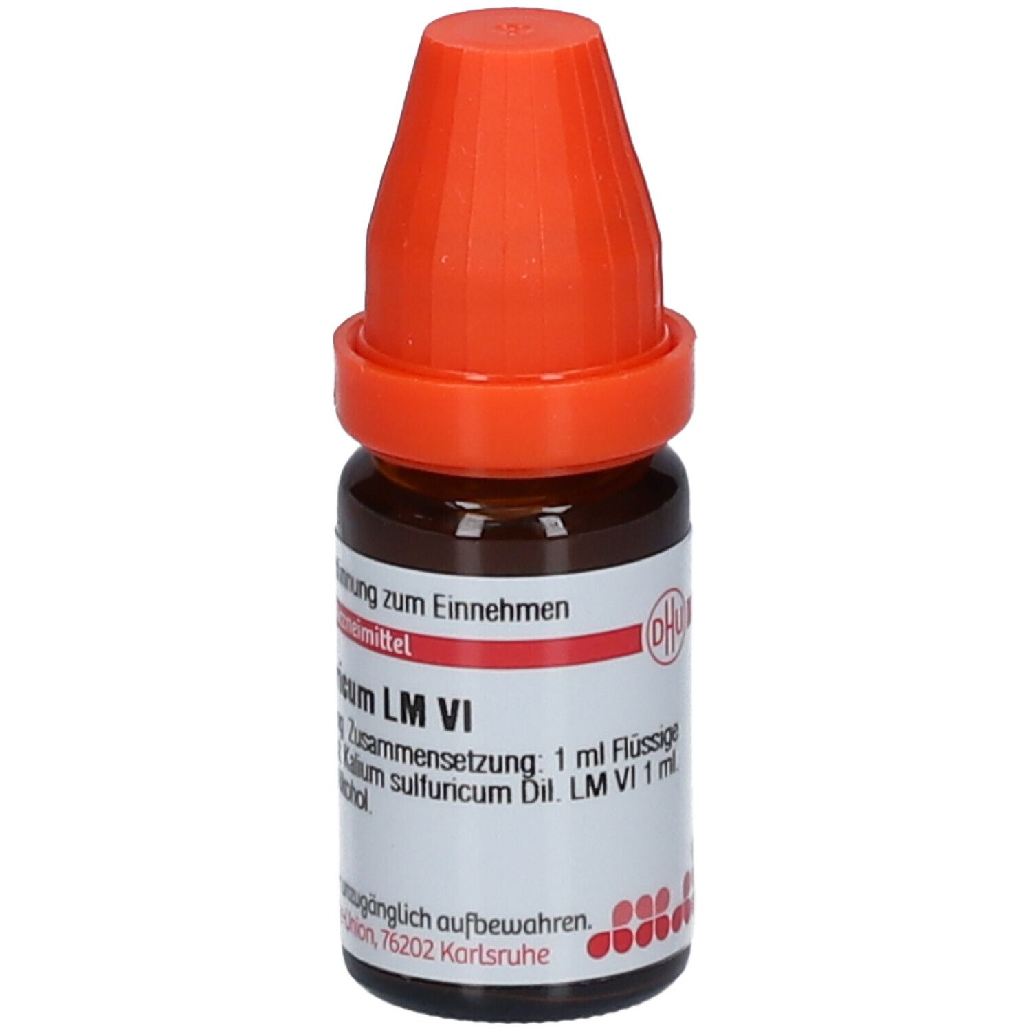 Braune Glasflasche mit orangefarbenem Verschluss. Beschriftung: Kalium sulfuricum LM VI, 1 ml Flüssige Verdünnung.