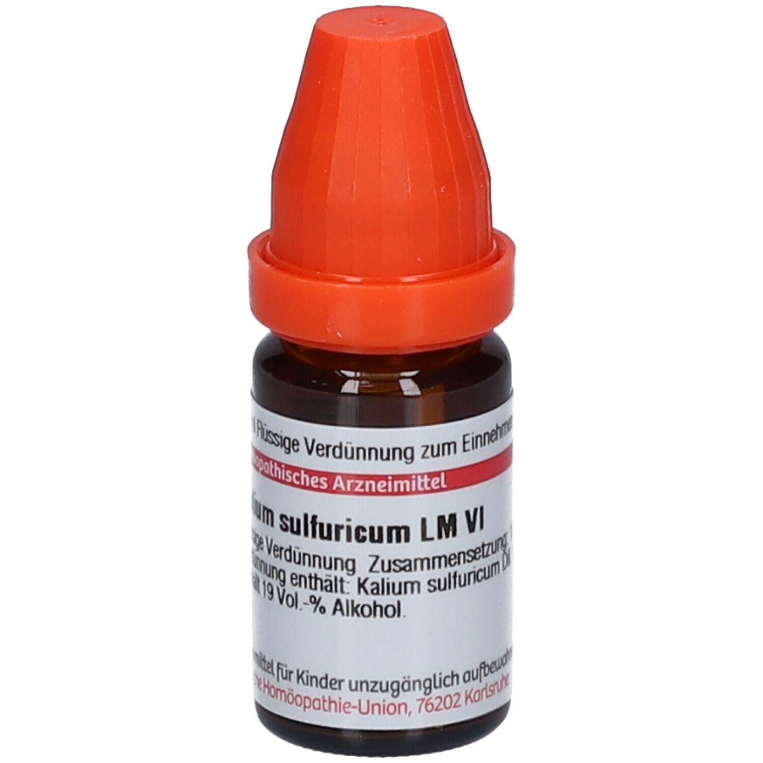 Braune Glasflasche mit orangefarbenem Verschluss. Beschriftung: Kalium sulfuricum LM VI, 10 ml Flüssige Verdünnung.