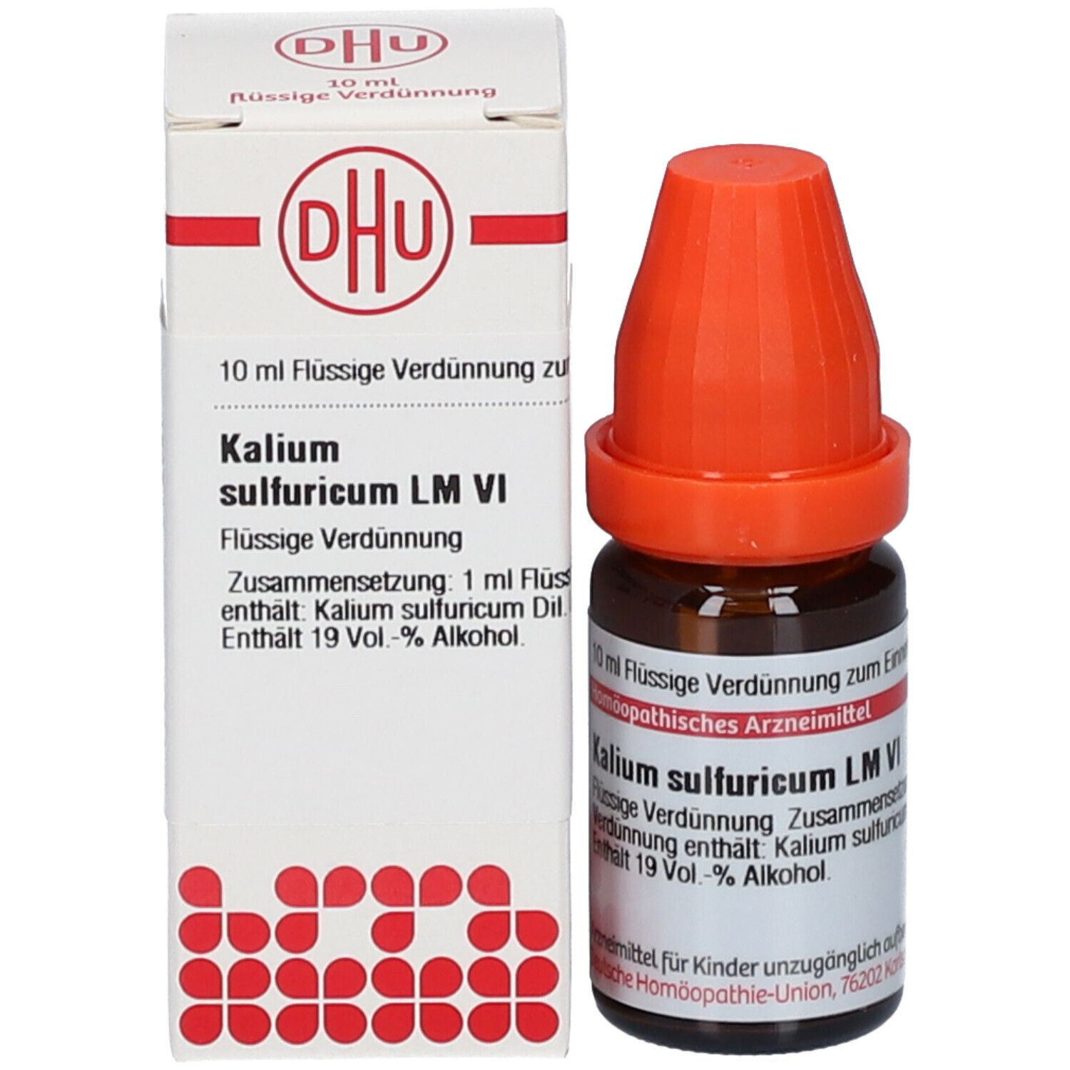 Braune Glasflasche mit orangefarbenem Verschluss neben einer weißen Schachtel. Beschriftung: DHU, Kalium sulfuricum LM VI.