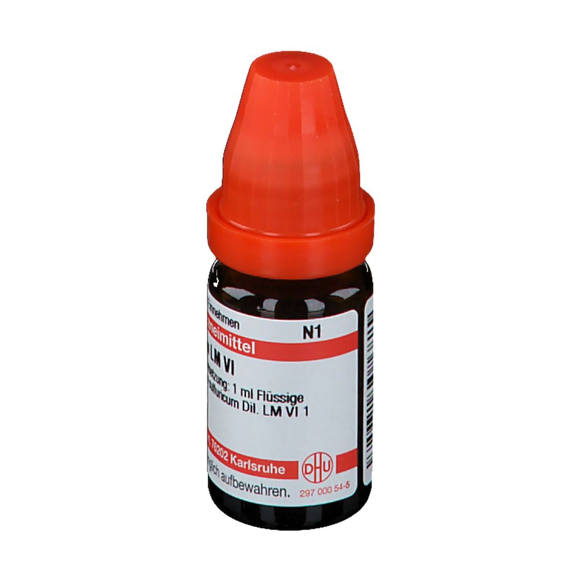 Braune Glasflasche mit rotem Verschluss. Beschriftung: Magnesium sulfuricum LM VI N1. Apothekenpflichtig.