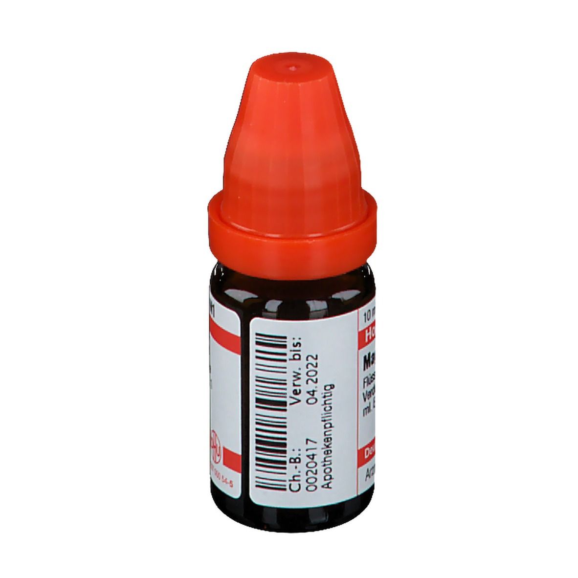 Braune Glasflasche mit rotem Verschluss. Beschriftung: Magnesium sulfuricum LM VI. Barcode und Verfallsdatum.