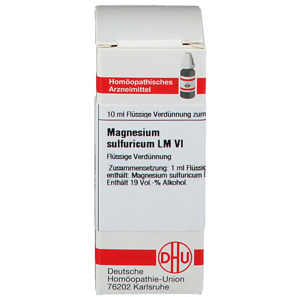 Weiße Schachtel mit Beschriftung: Magnesium sulfuricum LM VI. DHU Logo. Enthält eine braune Flasche.