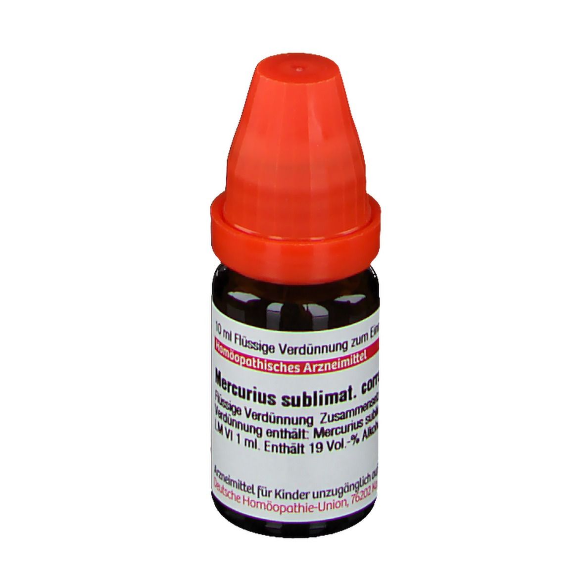 Braune Glasflasche mit rotem Verschluss. Etikett mit Produktinformationen. DHU Mercurius sublimatus corrosivus LM VI.