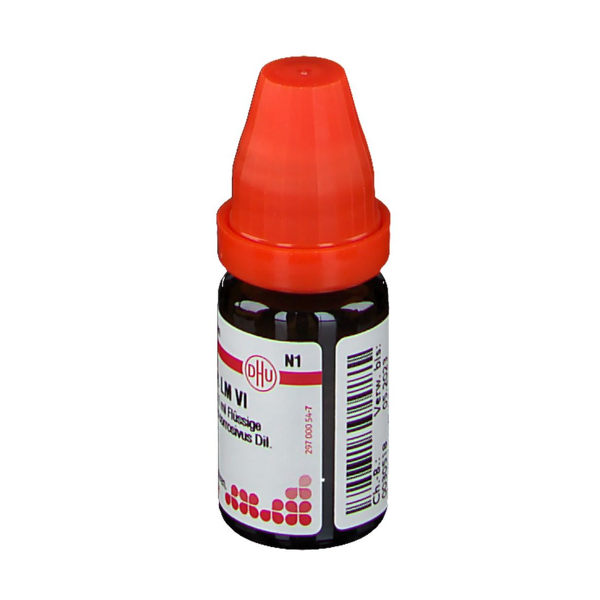Braune Glasflasche mit rotem Verschluss. Etikett mit Produktinformationen. DHU Mercurius sublimatus corrosivus LM VI.