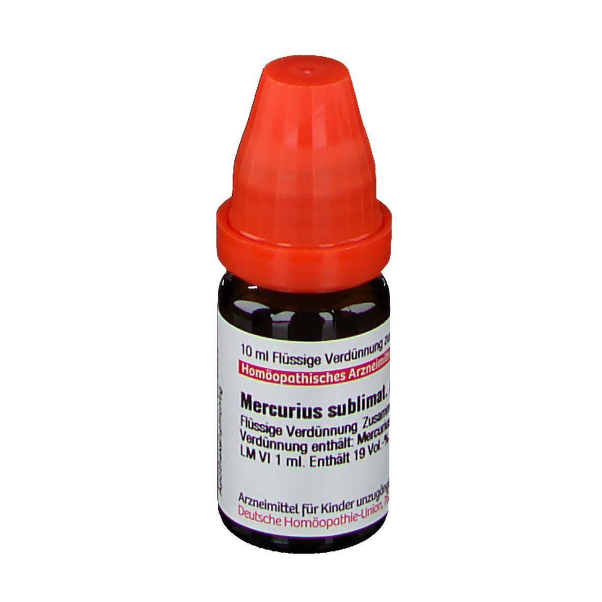 Braune Glasflasche mit rotem Verschluss. Etikett mit Produktinformationen. DHU Mercurius sublimatus corrosivus LM VI.