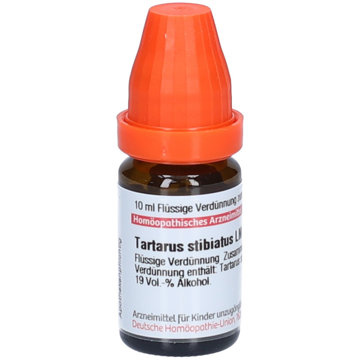 Braune Glasflasche mit orangefarbenem Verschluss. Etikett mit Produktnamen: Tartarus stibiatus LM VI. 10 ml.