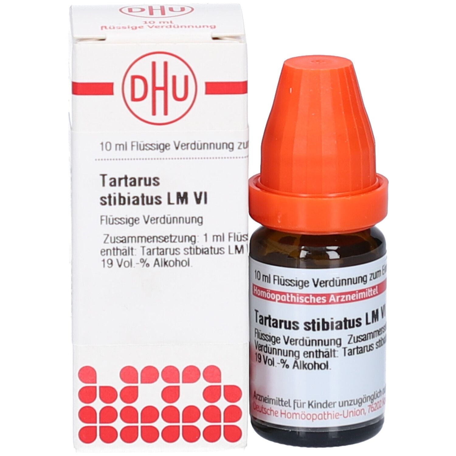 Braune Glasflasche mit orangefarbenem Verschluss und weiße Schachtel. Produktname: Tartarus stibiatus LM VI. DHU-Logo.