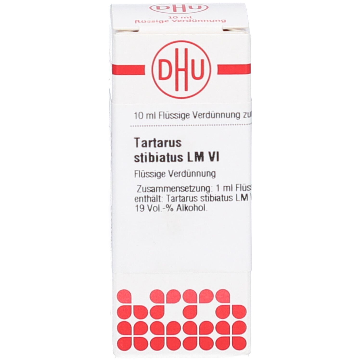 Weiße Schachtel mit Produktnamen: Tartarus stibiatus LM VI. DHU-Logo. Text.