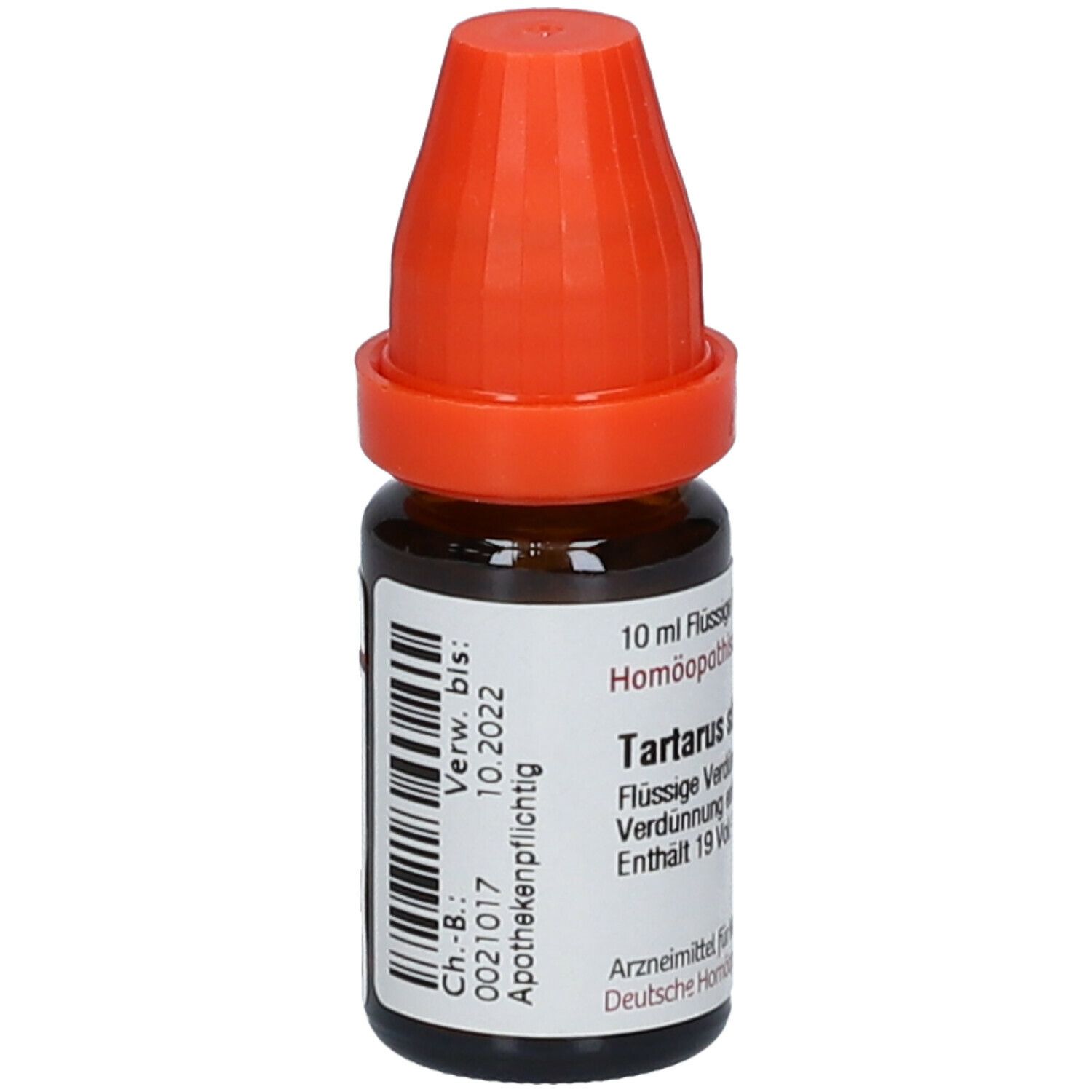 Braune Glasflasche mit orangefarbenem Verschluss. Beschriftung: Tartarus stibiatus LM XVIII, 10 ml Flüssige Verdünnung. Barcode.