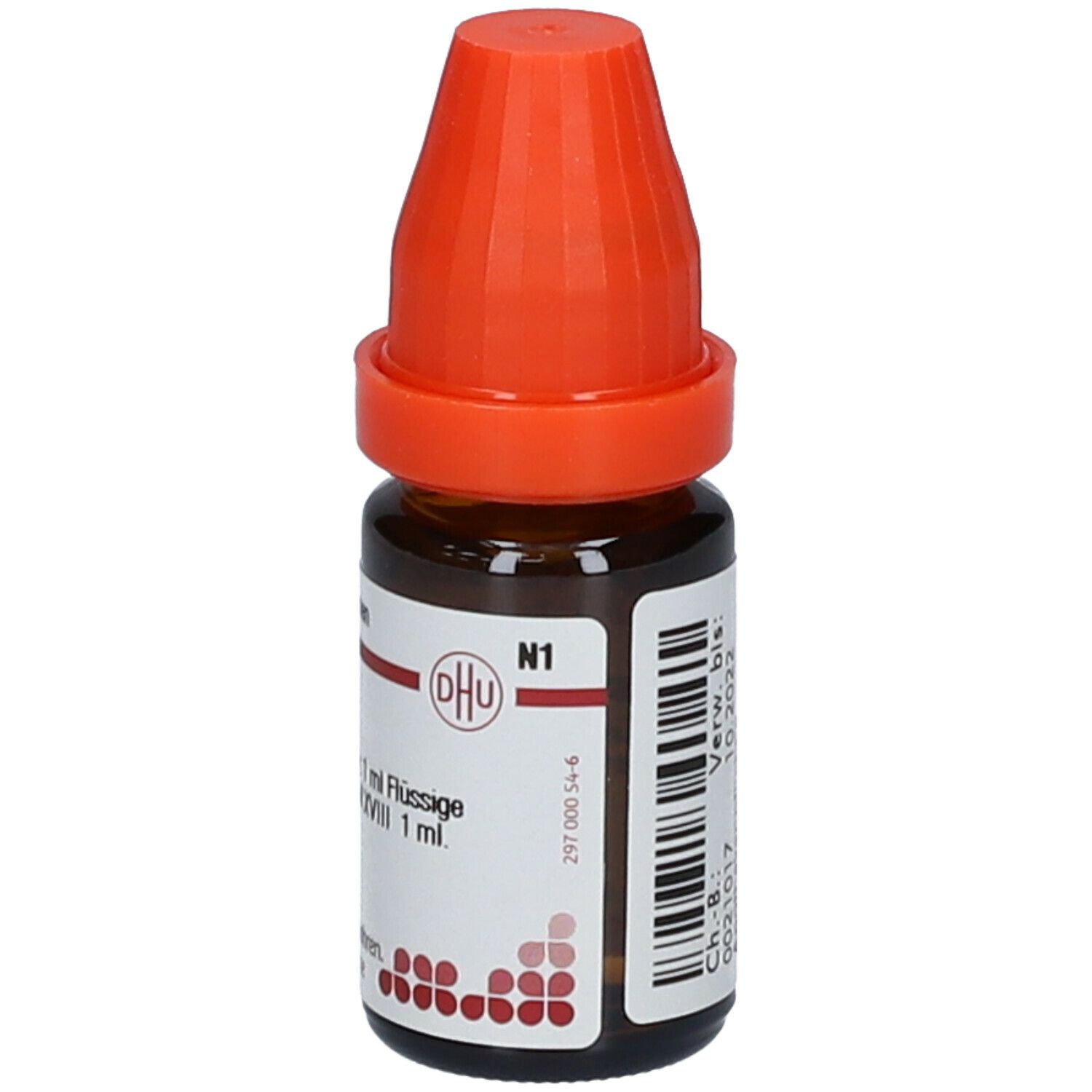 Braune Glasflasche mit orangefarbenem Verschluss. Beschriftung: DHU, N1, 10 ml Flüssige Verdünnung. Barcode.