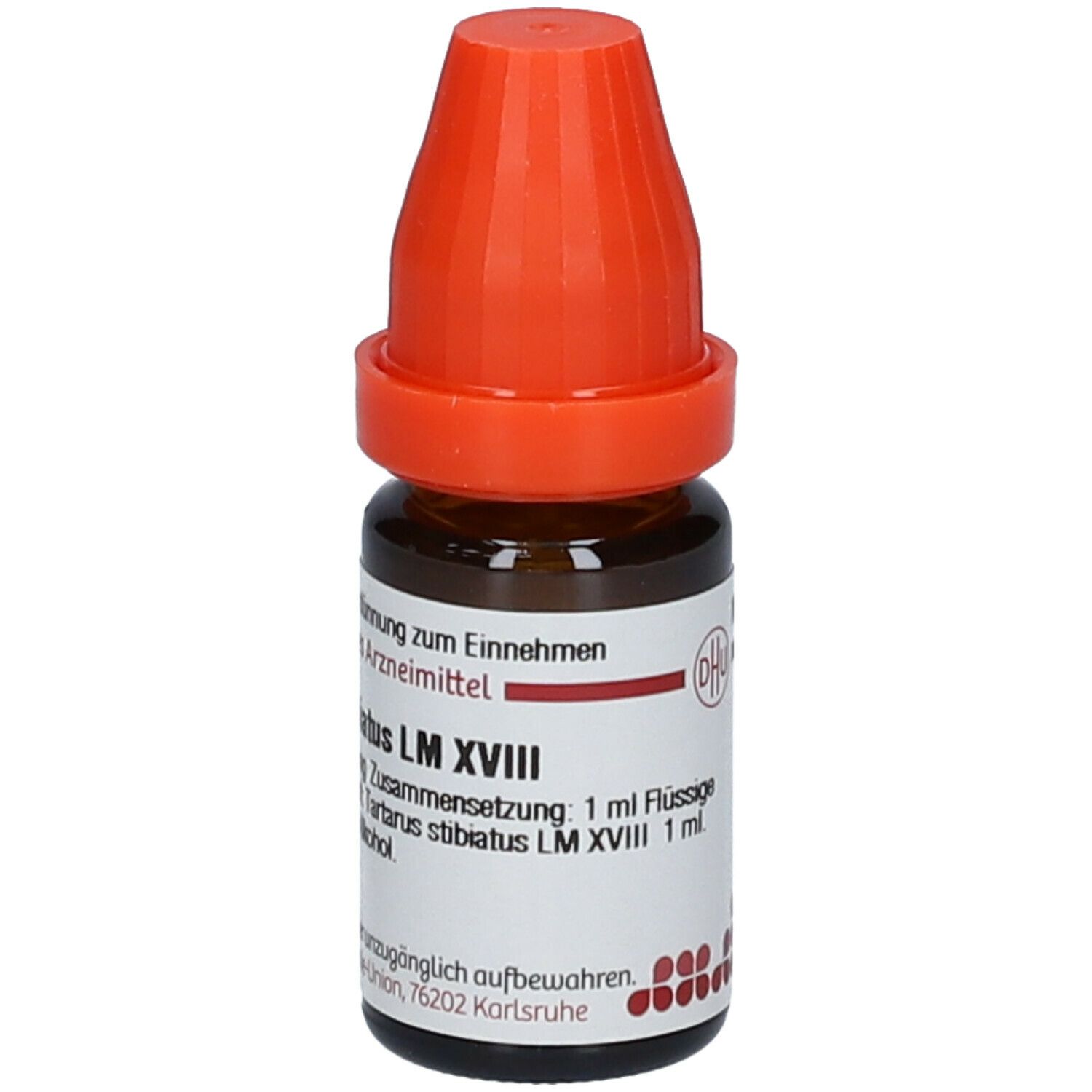 Braune Glasflasche mit orangefarbenem Verschluss. Beschriftung: Tartarus stibiatus LM XVIII, 1 ml Flüssige Verdünnung.