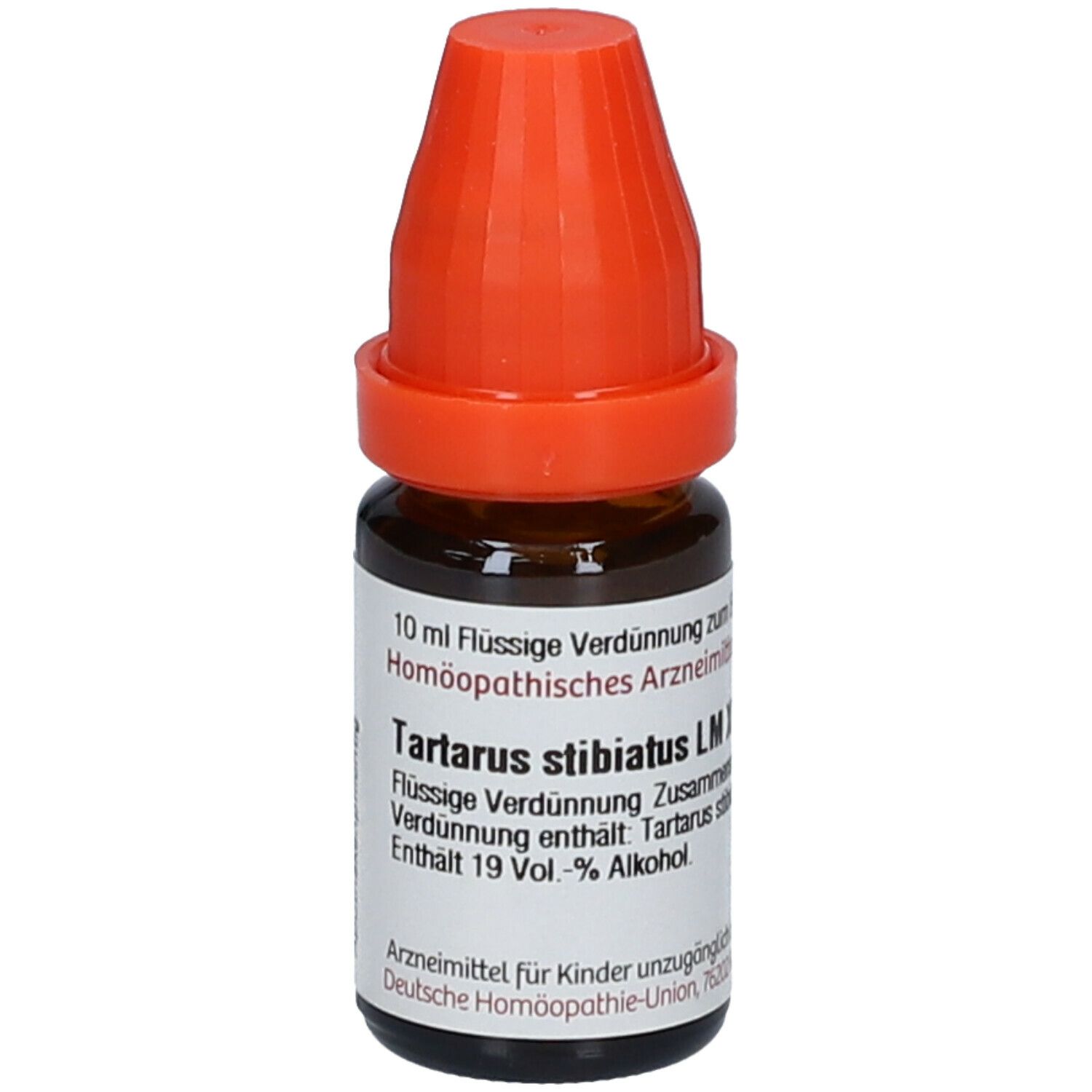 Braune Glasflasche mit orangefarbenem Verschluss. Beschriftung: Tartarus stibiatus LM XVIII, 10 ml Flüssige Verdünnung.