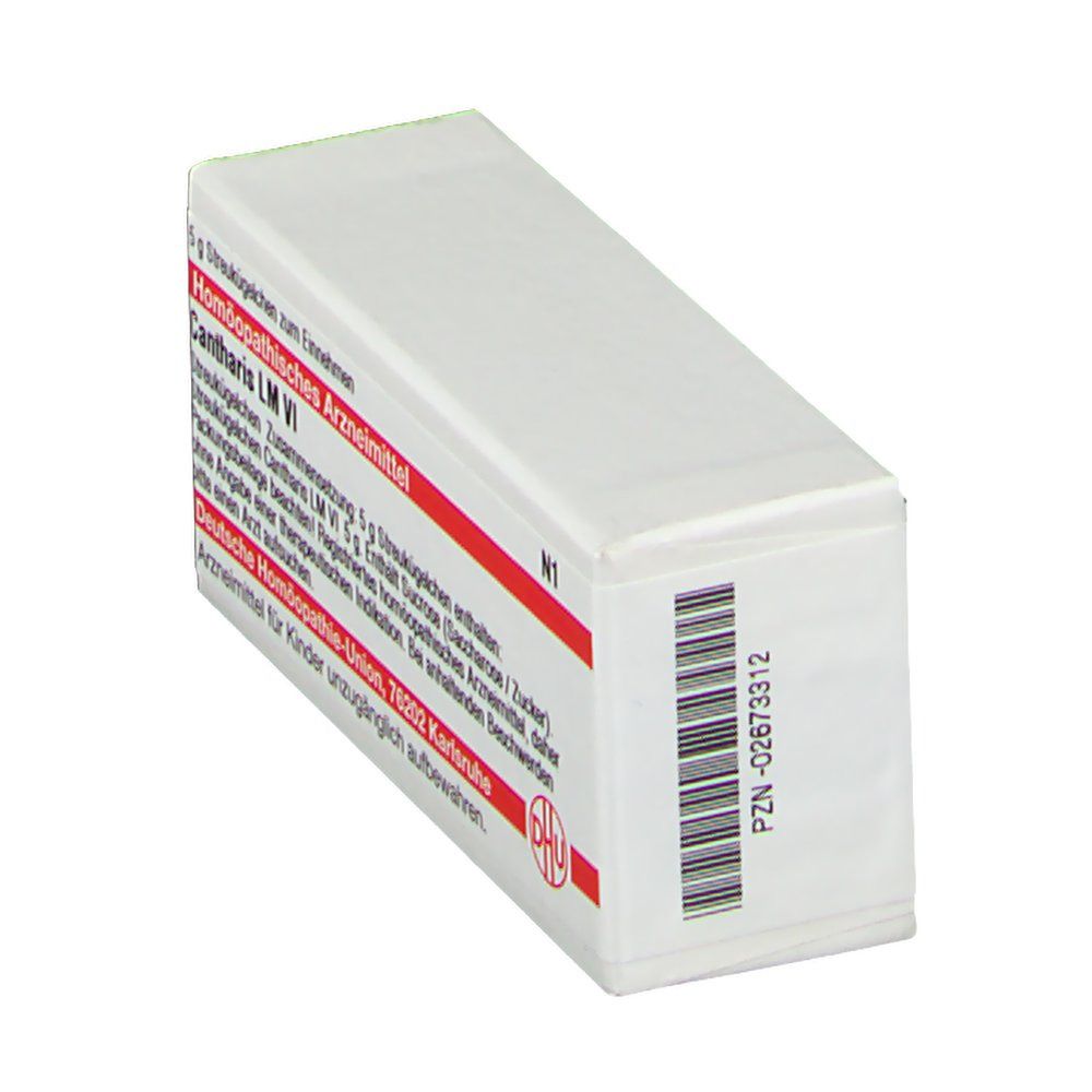 Weiße Schachtel, rote Schrift. Beschriftung: Cantharis LM VI, Homöopathisches Arzneimittel. Barcode und DHU Logo.