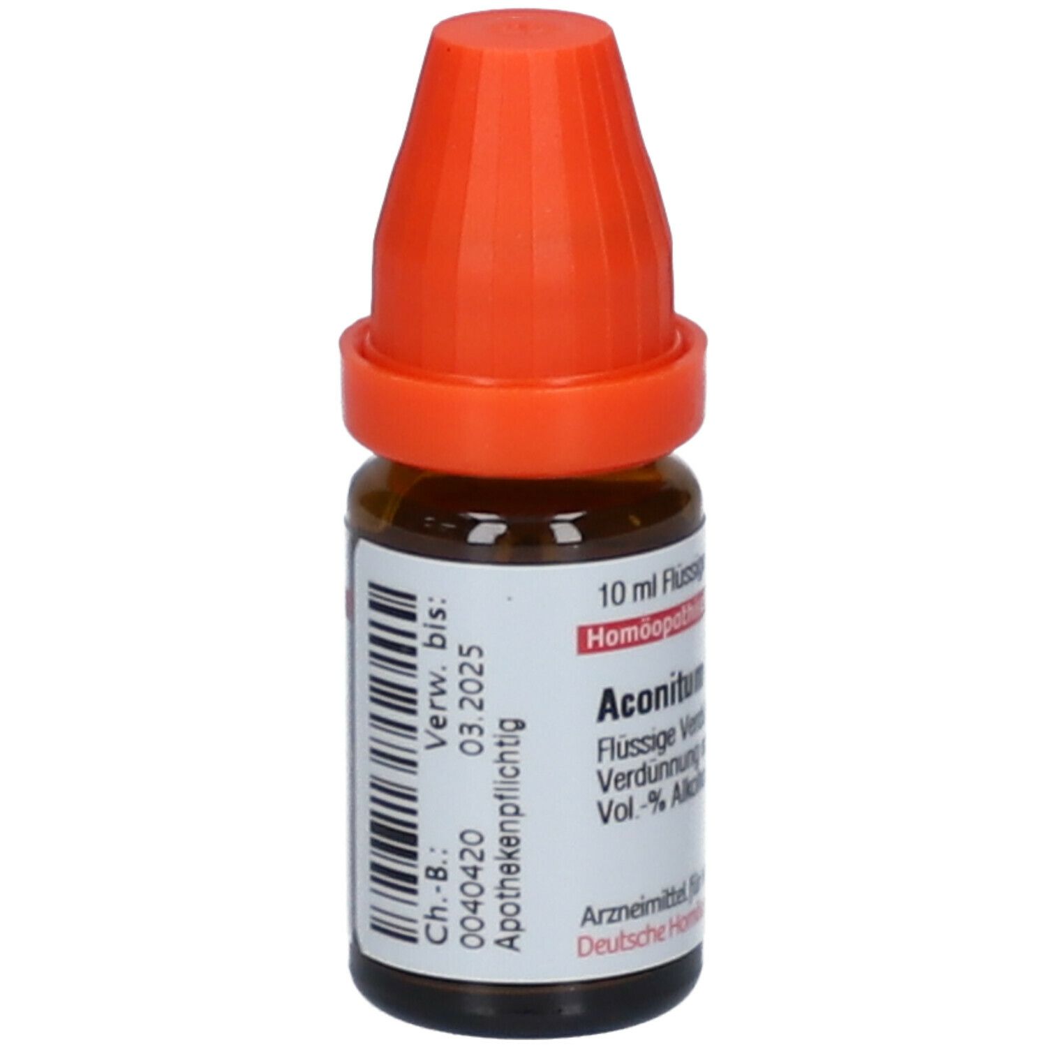 Braune Glasflasche mit orangefarbenem Verschluss. Etikett mit Chargennummer und Verfallsdatum.