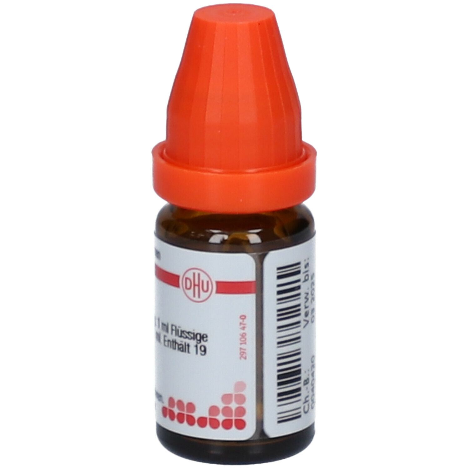 Braune Glasflasche mit orangefarbenem Verschluss. Beschriftung: DHU, 10 ml Flüssige Verdünnung.