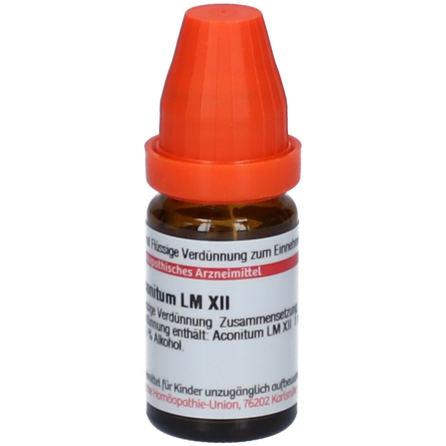 Braune Glasflasche mit orangefarbenem Verschluss. Beschriftung: Aconitum LM XII, homöopathisches Arzneimittel.