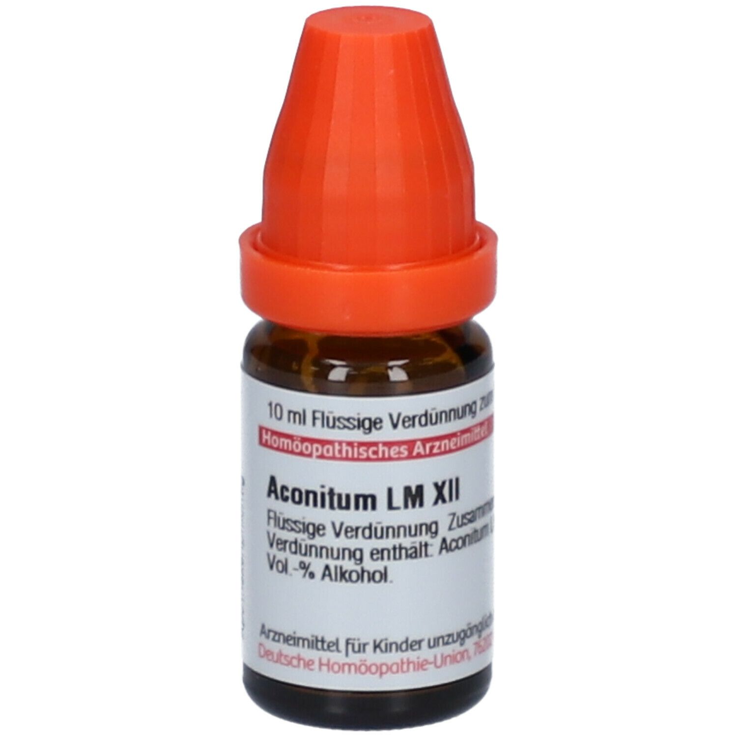 Braune Glasflasche mit orangefarbenem Verschluss. Beschriftung: Aconitum LM XII, homöopathisches Arzneimittel.