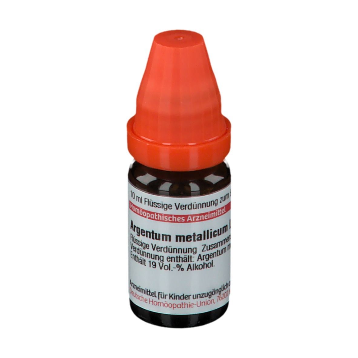 Braune Glasflasche mit orangefarbenem Verschluss. Beschriftung: Argentum metallicum, 10 ml Flüssige Verdünnung.