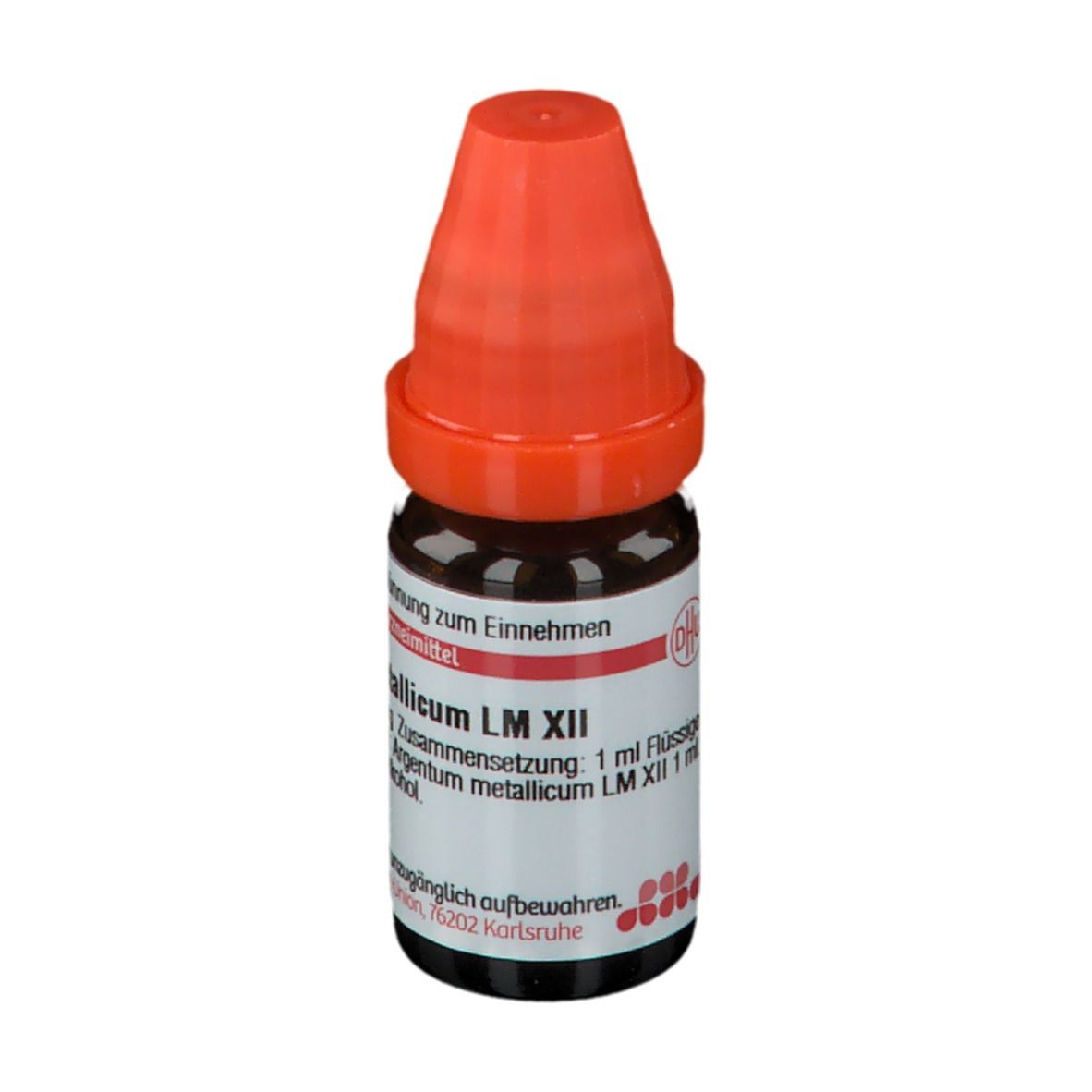 Braune Glasflasche mit orangefarbenem Verschluss. Beschriftung: Argentum metallicum LM XII, 1 ml.
