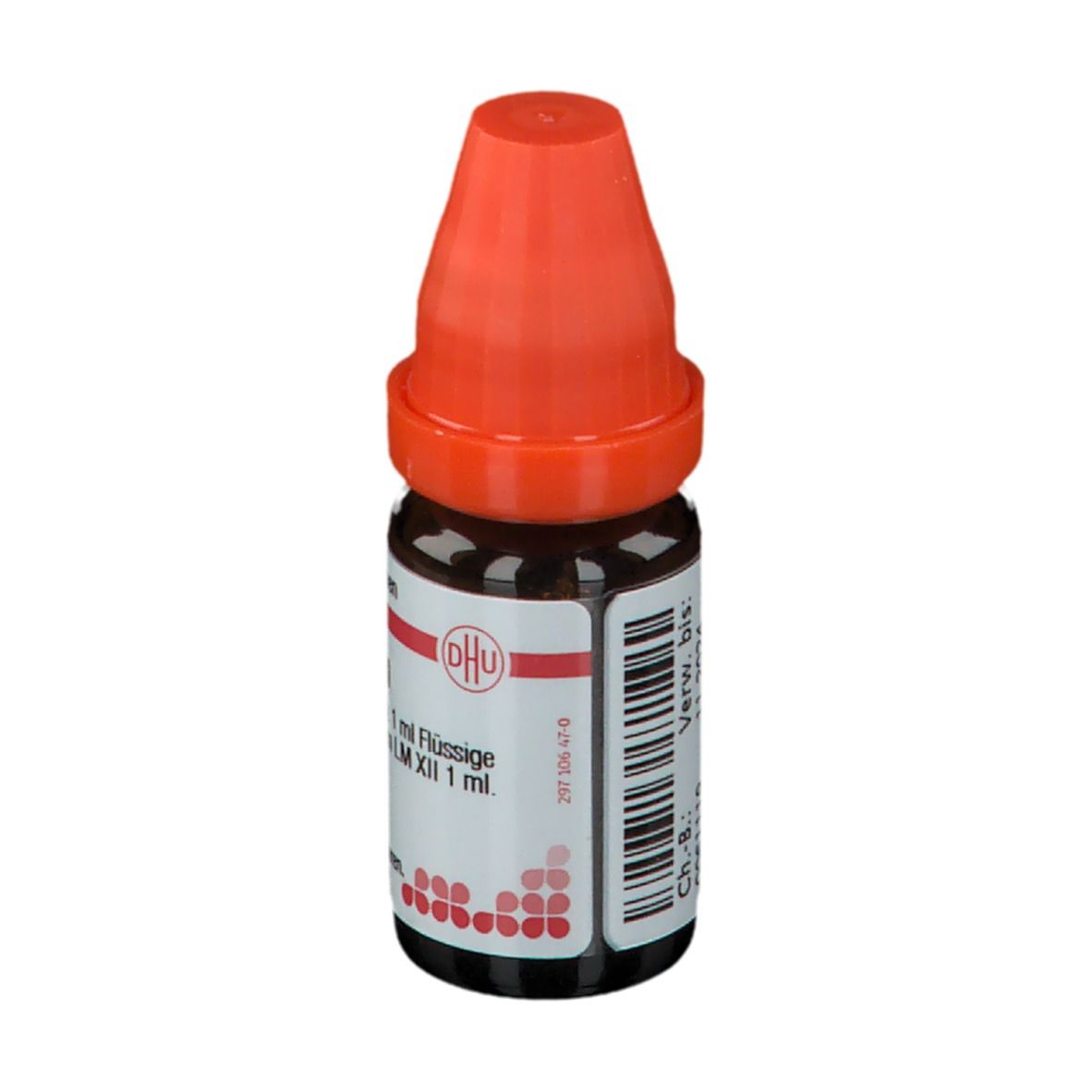 Braune Glasflasche mit orangefarbenem Verschluss. Beschriftung: DHU, Argentum metallicum LM XII, 1 ml.