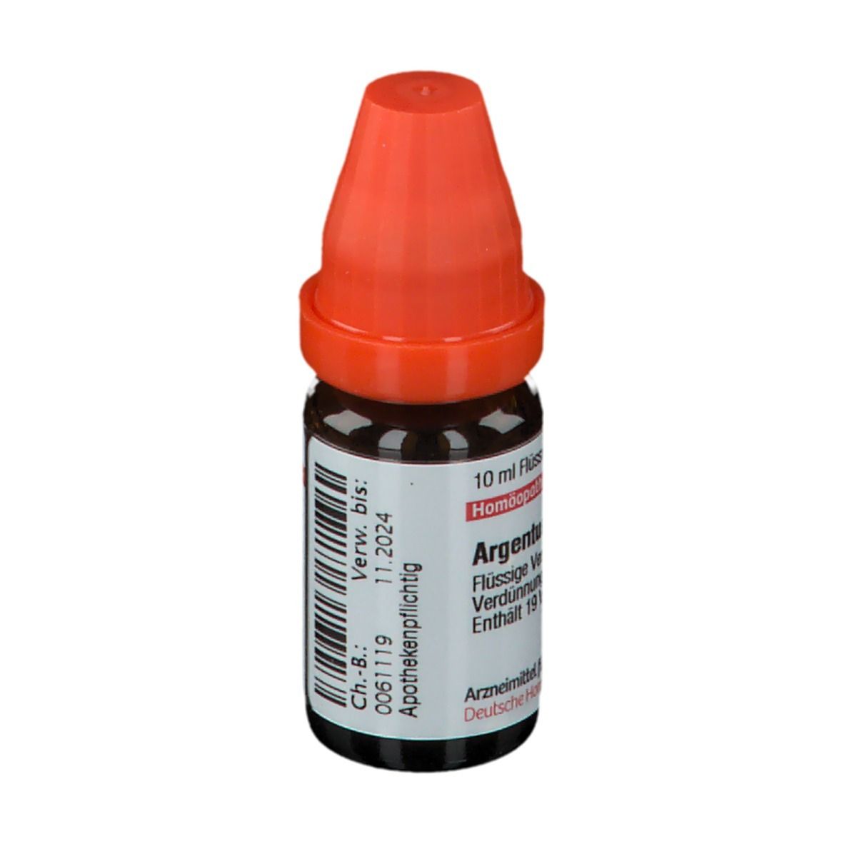 Braune Glasflasche mit orangefarbenem Verschluss. Beschriftung: Argentum metallicum, 10 ml Flüssige Verdünnung.