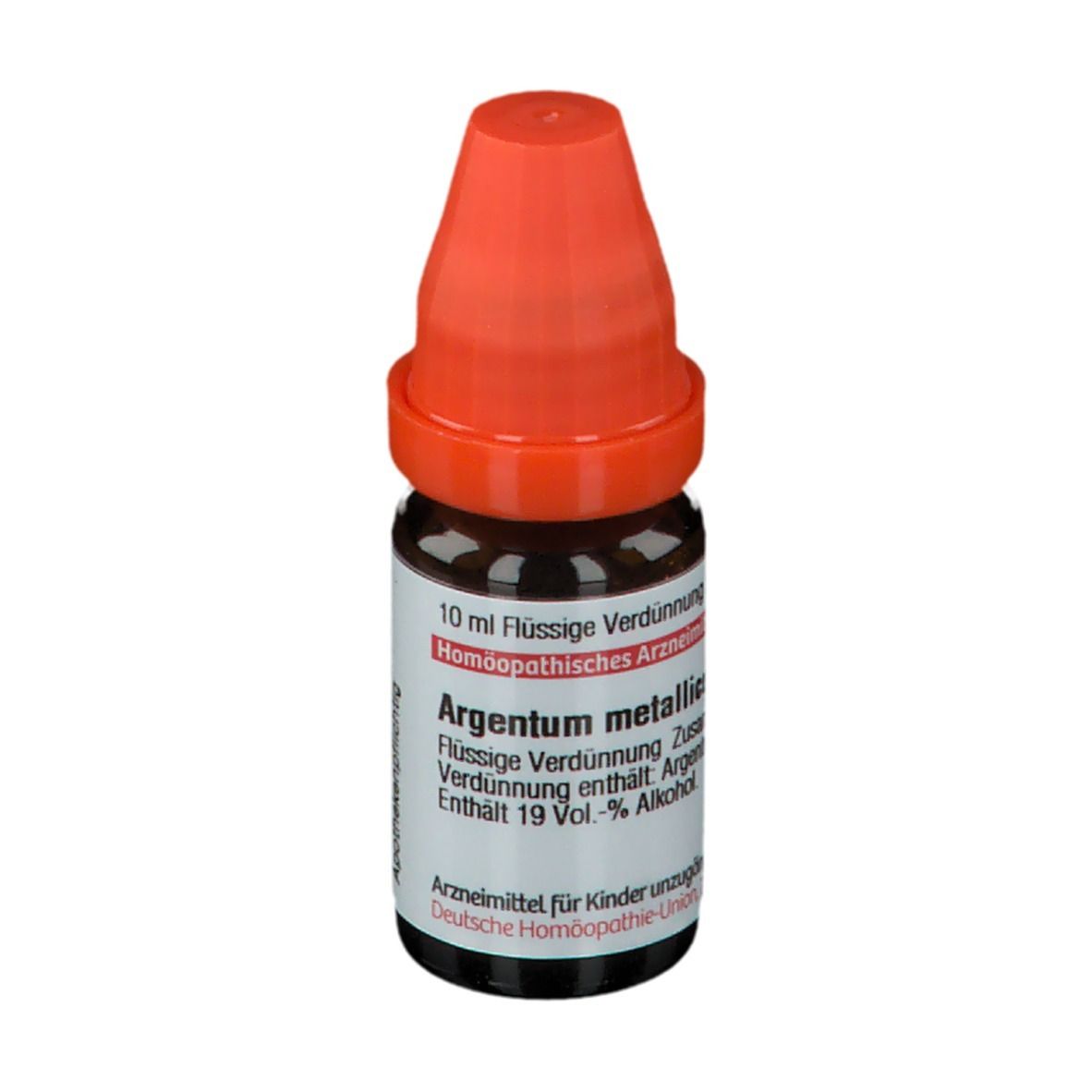 Braune Glasflasche mit orangefarbenem Verschluss. Beschriftung: Argentum metallicum, 10 ml Flüssige Verdünnung.